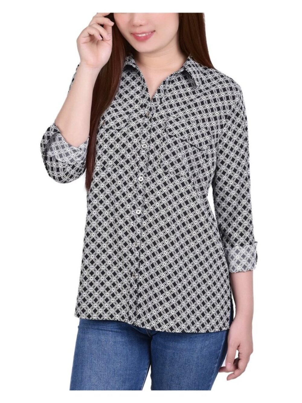 NY Collection 3/4 Sleeve Roll Tab Notch Collar Blouse Plus Size 3X Black